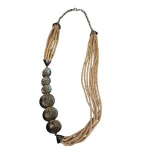 Asymmetric Ethnic Tribal Necklace, Primitive Multi Strand Beads Metal Disc 30"
